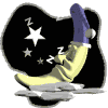 Animated sequence of a yellow crescent moon with a blue hat sleeping on a cloud, surrounded by stars and Zs in a black background.