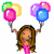 Pixelated cartoon character holding colorful balloons with birthday text and a gray background section.