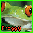 A 48x48 pixel animated buddy icon featuring a green frog's face with large orange eyes, displayed as two side-by-side frames showing text color variation.