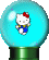 identical blue snow globes with green bases, each containing a white cat character in blue overalls and red bow