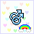 Pixel art icon with blue spiral arrow, rainbow over clouds, and pastel hearts on white background.