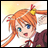 Pixelated anime-style character with orange hair and blue eyes, wearing a dark red outfit with white collar and red bow, positioned next to black background with white text.