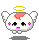 Pixelated character with white body, pink cheeks, red hair patch, yellow halo, and small wings in three of showing expression changes