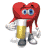 Red heart-shaped character with blue eyes holds yellow cylindrical object, standing on white background in