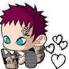 Chibi-style character with spiky magenta hair, teal eyes, and a small tattoo on the forehead, holding a brown object with a hand, surrounded by four black-outlined hearts.