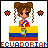 Pixel art contact sheet showing two frames of an animated buddy icon featuring a cartoon woman with brown pigtails standing behind the Ecuadorian flag, with star symbols changing color between frames.
