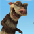 Pixelated cartoon animal with brown and beige fur, pink nose, red ear spot, and open mouth against light blue background.
