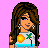 Pixel art contact sheet showing three frames of an animated icon featuring a cartoon woman with long brown hair wearing a tropical-themed crop top, black shorts, and platform sandals on a pink background.