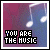 Pixelated icon with musical notes and text 'YOU ARE THE MUSIC' in blue, white, and black on a pinkish-purple gradient background.