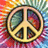 A peace symbol icon with a colorful pixelated background, featuring text overlays that change across frames.