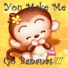 Animated cartoon monkey icon with yellow flower, diaper, and bottle on orange background displaying text "You Make Me Go Bananas!!!" across two frames.