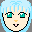 Pixel art avatar with light blue hair, green eyes, and a pink tongue sticking out; three variations show different eye expressions against gray background.