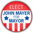Circular red, white, and blue political campaign icon with 'ELECT JOHN MAYER FOR MAYOR' text and stars on a striped background.