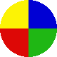 Circular icon with four equal quadrants of red, yellow, green, and blue rotating clockwise across frames.