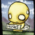 Pixelated yellow figure with large white eyes stands on a grassy field under blue sky, holding a sign with unreadable text.