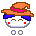 Pixelated character with orange witch hat, purple hair, red cheeks, and closed eyes; four variations show different lower-body elements.