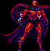 Pixel art of a muscular red-skinned superhero with blue accents, purple cape, and black shorts in multiple poses against black background.