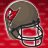 Brown football helmet with red face mask and red logo on side, repeated in pattern against red background