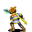 Pixelated character with orange hair, blue and yellow striped tunic, brown boots, and yellow sash holding a sword with light blue blade.