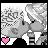 Pixelated grayscale cartoon of a character with white hair and closed eyes kissing another figure, featuring a pink heart symbol in the lower-left corner on a transparent background.