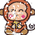 Pixelated cartoon monkey in orange hooded outfit with pink cheeks, yellow hands clasped, brown feet and ears, curled tail on white background.