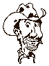 Pixelated cartoon cowboy head with wide-brimmed hat, mustache, and beard, showing two distinct facial expressions against gray background.