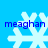 Four identical pixelated snowflakes on a bright blue background with the text 'meaghan' in blue lowercase letters beneath each snowflake.