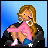Pixelated cartoon girl with long brown hair sits on black object, wearing pink top and blue shorts, against light blue background with white stars.