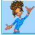 Pixelated character with brown curly hair in a high bun, wearing blue patterned outfit, making rock gesture with right hand, standing against light blue background with 'ROCKER' text on right.