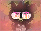 Animated cartoon character with brown fur and green leaf-like ears, displaying sequential eye movements from closed to wide open while holding two white rectangular objects with pink text.