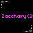 Pixelated animation of white and gray star icons with dotted trails on black background, paired with repeated pink text 'Zacchary<3'