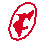 Red pixelated icon with a stylized arrow shape inside an oval border, displayed in multiple sizes and orientations across a