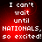 Red background with white pixelated text reading "I can't wait until NATIONALS, so excited!" in four identical arranged in a