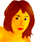 Pixelated portrait of a person with shoulder-length brown hair, yellow skin tone, and red lips wearing a yellow top against a gray background.