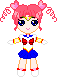 Pixelated character with pink pigtails and blue eyes in red-and-blue sailor uniform, transitioning through white particle effects to silver-haired form.