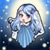 Pixelated static image of a cartoon character with long light blue hair, wearing a flowing blue dress against a gradient background transitioning from dark blue to white.