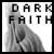 Pixelated grayscale image with bold text 'DARK FAITH' overlaid on a shadowy figure holding a dark object against a light background.