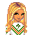 Pixel art cheerleader icon with green, white, and orange colors featuring a shamrock symbol and "Go Irish!" text.