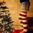 Pixelated static image shows two figures in a warm-toned background with one figure holding red and white striped objects.