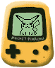 Six yellow handheld devices with green screens display pixelated Pikachu poses, each screen showing 'POKÉMON POKÉMON' text below the character.