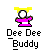 Pixelated character with yellow hair, white face, and pink outfit holding a brown object against gray background.