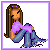Pixelated cartoon girl with long brown hair sits cross-legged, wearing purple top and blue jeans; text changes across frames from 'this is me' to 'missing you so sad so blue'.