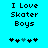 Pixelated text "I Love Skater Boys" on cyan background with black and teal symbols below, two variations of symbol positions.