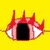 A pixelated red and white creature with a black mouth opens its mouth on a yellow background, then closes it while extending a red tail.