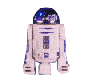 A white and blue droid with a rounded blue head, blue lights on top, and a blue on its chest, shown in multiple poses including front-facing, side-facing, and angled views