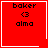 Red square icon with black text 'baker', '<3', and 'alma' in pixelated font, featuring a white heart symbol in top-right corner of the frame.