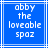 Blue square icon with white pixelated text reading 'abby the loveable spaz' and a white border