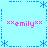 Light blue background with four pink "**emily**" text blocks and blue asterisk-like symbols arranged in a pattern