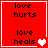 Red square icon with black text 'love hurts' and 'love heals', featuring white heart symbols that change from one to two across frames.