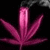 A pink cannabis leaf with smoke rising from its top against a black background, displayed in four